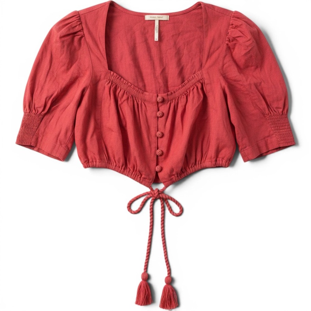 Free People Fairy Coastal Linen Puff Boho Peasant Babydoll Tassel Crop Medium
